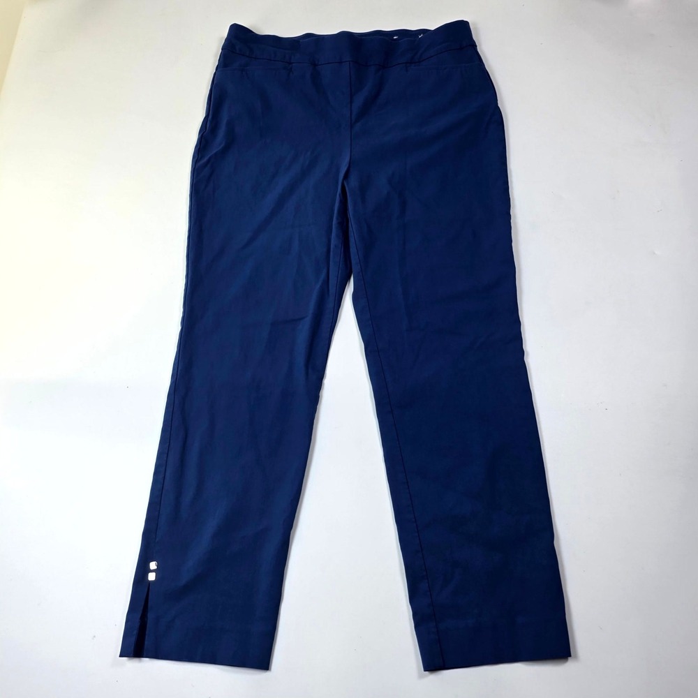 Chico's Pull On Ankle Pants Womens 2R US 12R Navy Blue Stud Hem Career Trousers
